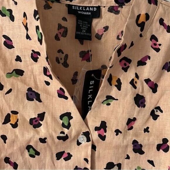 Silkland Woman Linen Button Down Blouse Multi Color Abstract Cheetah Print - Picture 3 of 6